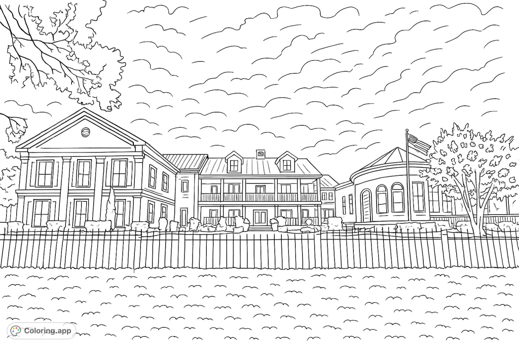 A detailed coloring page featuring a grand architectural estate with multiple sections, intricate windows, and a decorative fence, set against a cloudy sky.