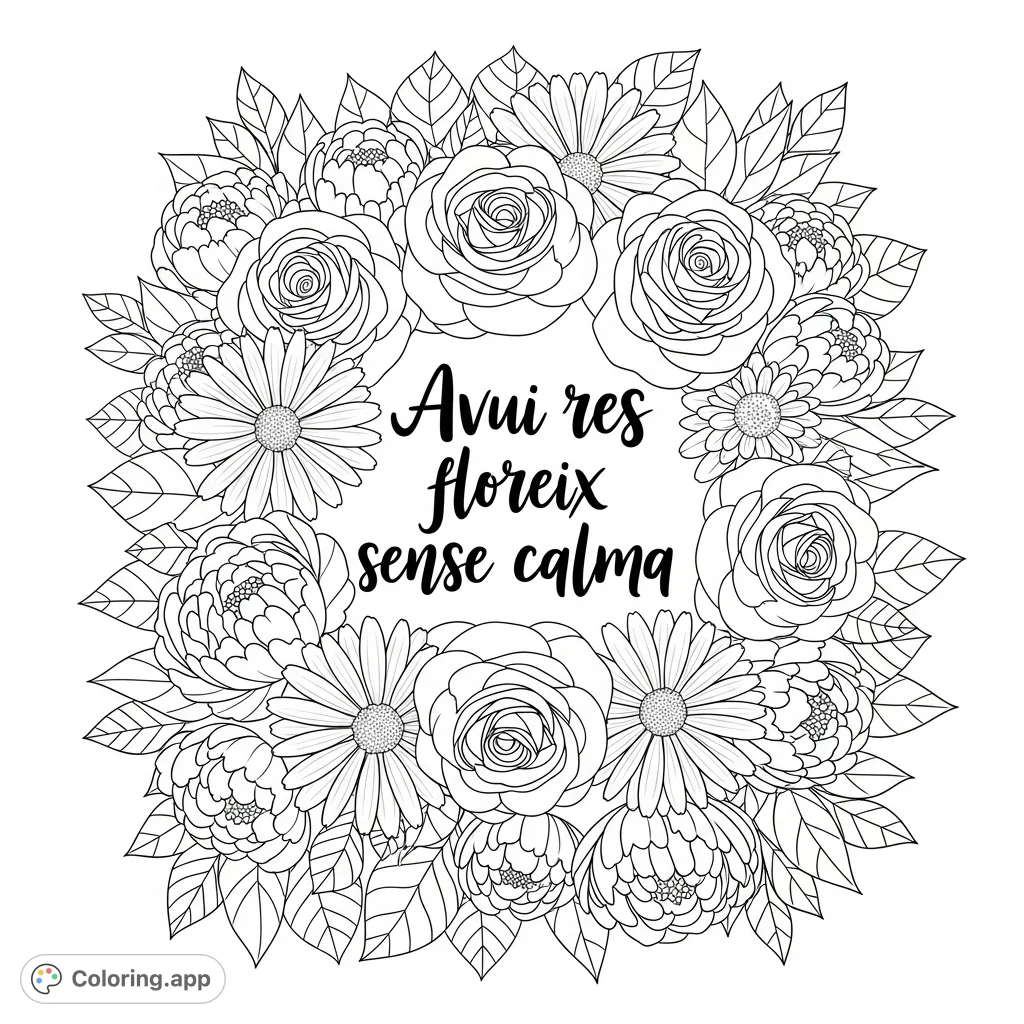 Immerse yourself in a full-page floral coloring page featuring roses, daisies, and peonies surrounding an elegant quote. A harmonious design for mindful coloring.