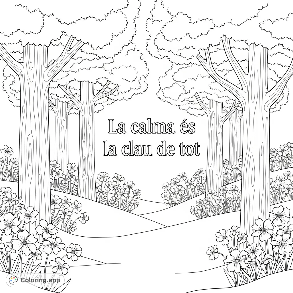 Discover tranquility with this serene forest coloring page, featuring tall trees, gentle hills, delicate flowers, and an inspiring quote for a calming creative escape.