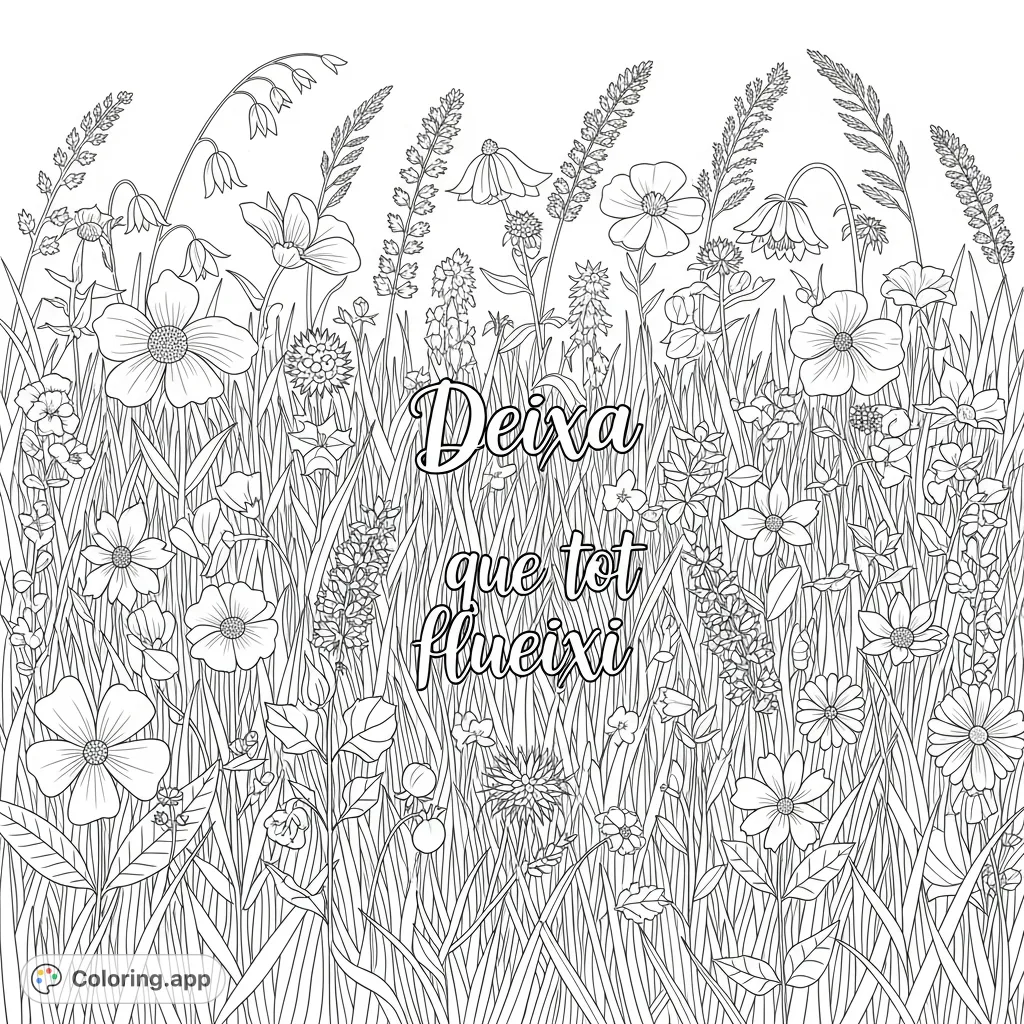 Immerse yourself in a tranquil wildflower meadow coloring page, featuring swaying blossoms, tall grasses, and an inspiring central quote for peaceful creativity.