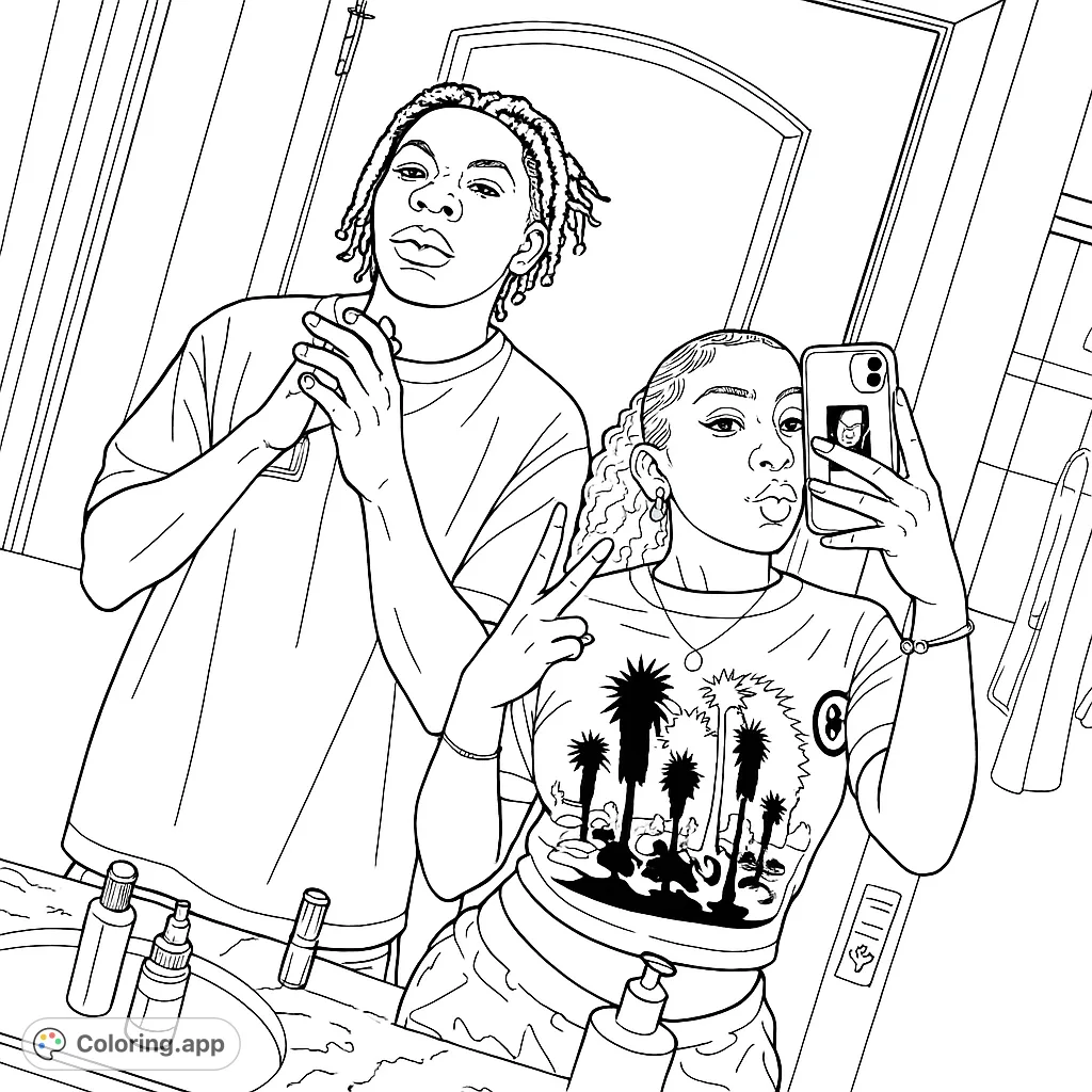 A modern mirror selfie featuring two young individuals, capturing a casual moment with detailed clothing and accessories in a bathroom setting.