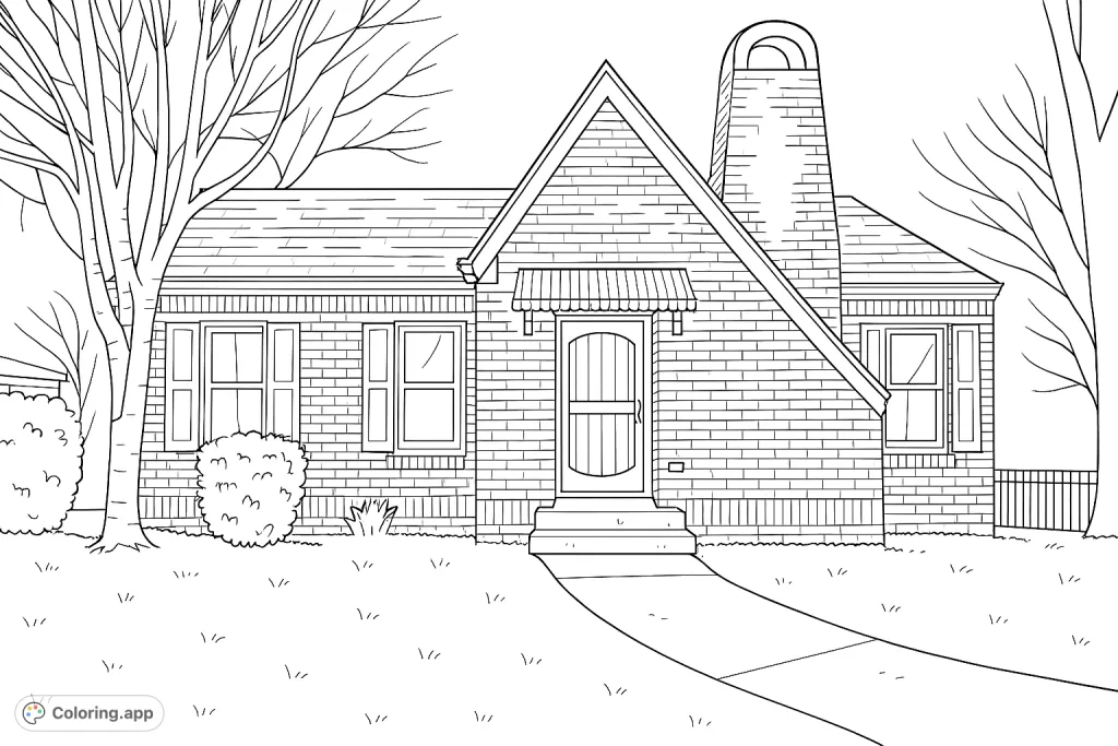 Color a charming brick house with a prominent chimney, detailed windows, and a welcoming front path. Perfect for architectural enthusiasts.