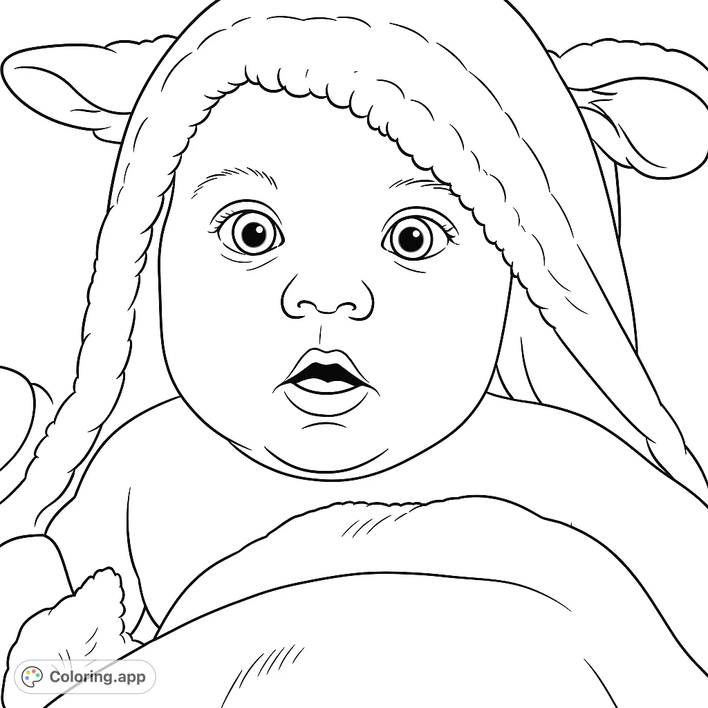 A heartwarming baby coloring page featuring an adorable infant wrapped in a fluffy, animal-eared hooded towel, perfect for little hands and big smiles.