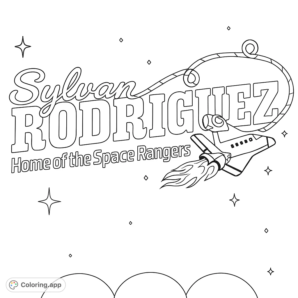 An exciting space-themed coloring page featuring an astronaut riding a shuttle, lassoing through the stars, with bold text for Sylvan Rodriguez Space Rangers.