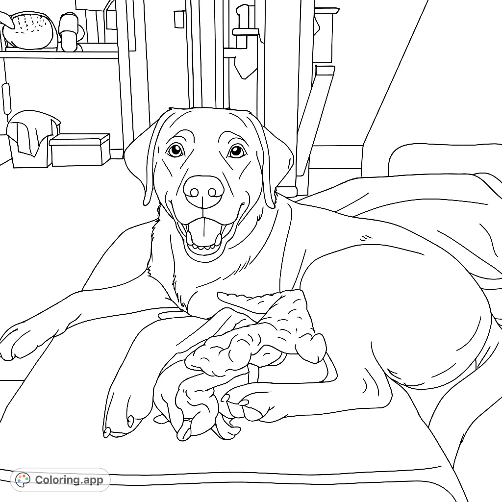A delightful coloring page featuring a happy Labrador retriever lounging with its beloved toys, perfect for pet lovers of all ages. A cozy scene awaits your creative touch!
