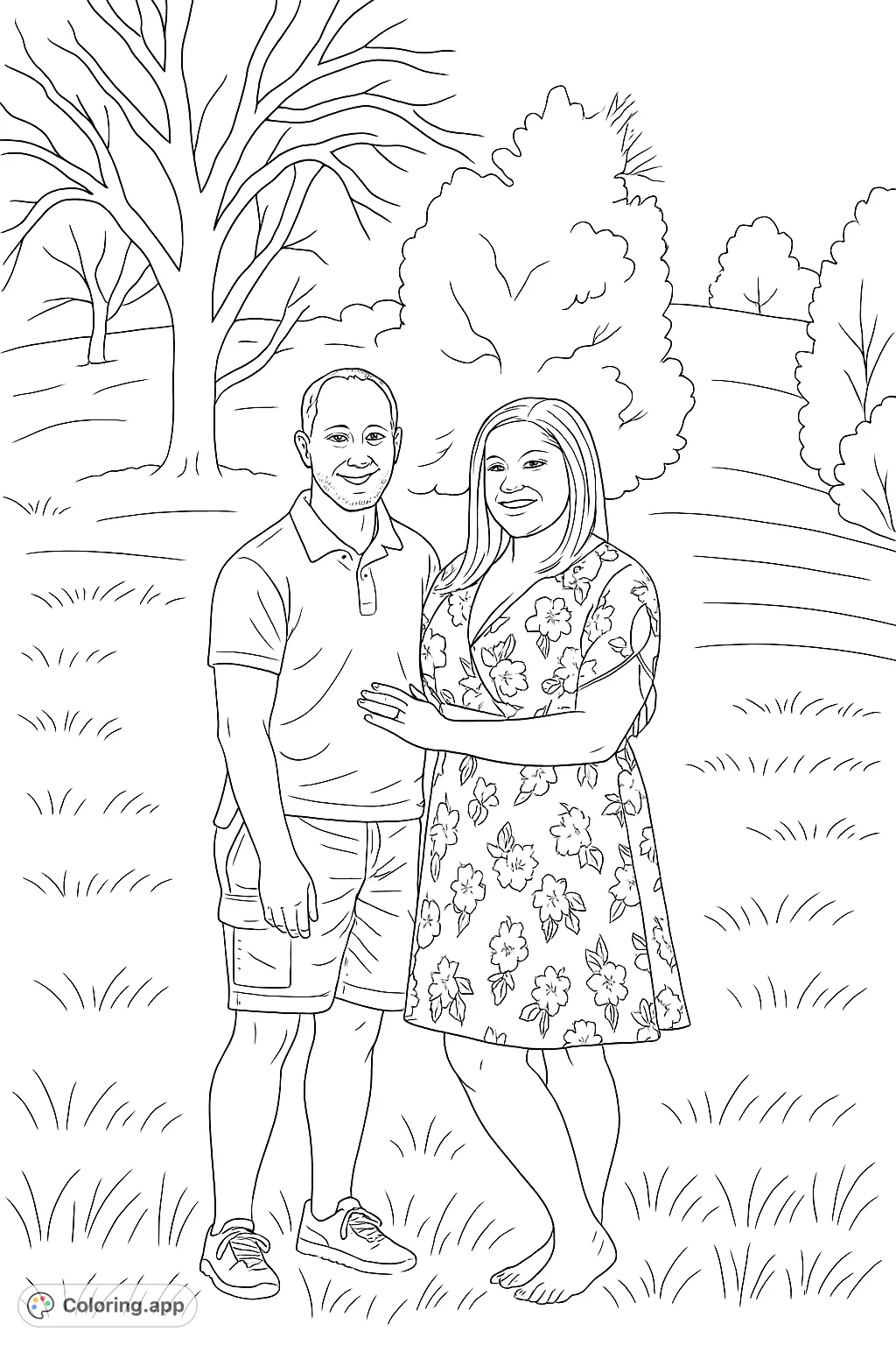 Capture a loving couple in a serene grassy field. Personalize their attire and the natural landscape for a heartfelt coloring experience.