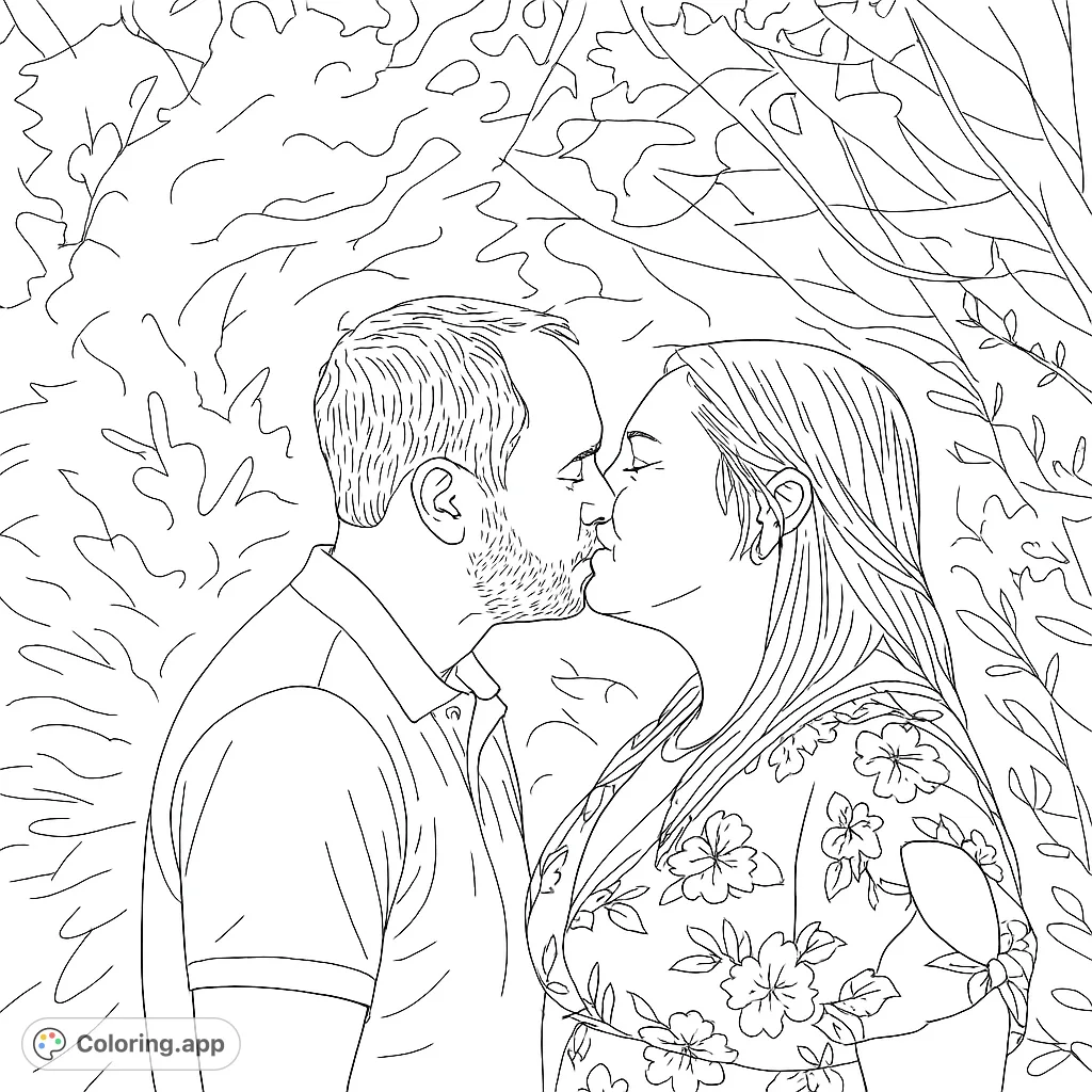 Capture a tender moment with this romantic couple kissing coloring page. A free printable coloring page for adults, perfect for expressing love and connection.