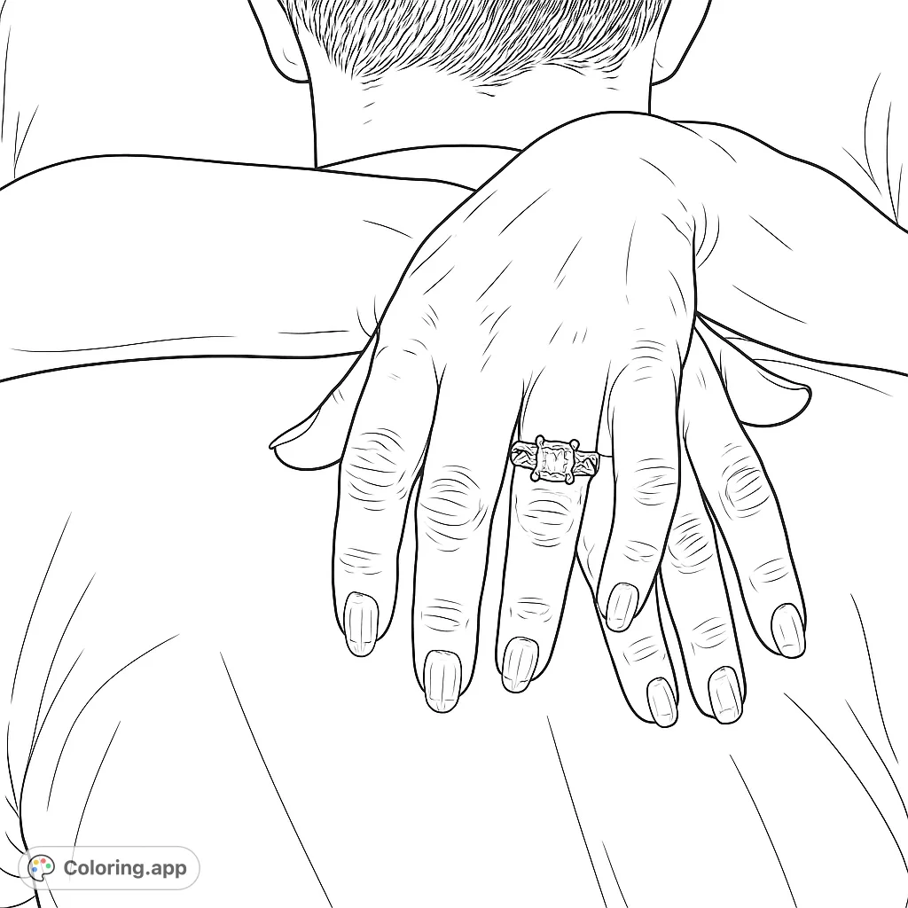 Celebrate love with this intricate engagement ring coloring page. Features hands intertwined, showcasing a detailed square-cut ring on a twisted band.