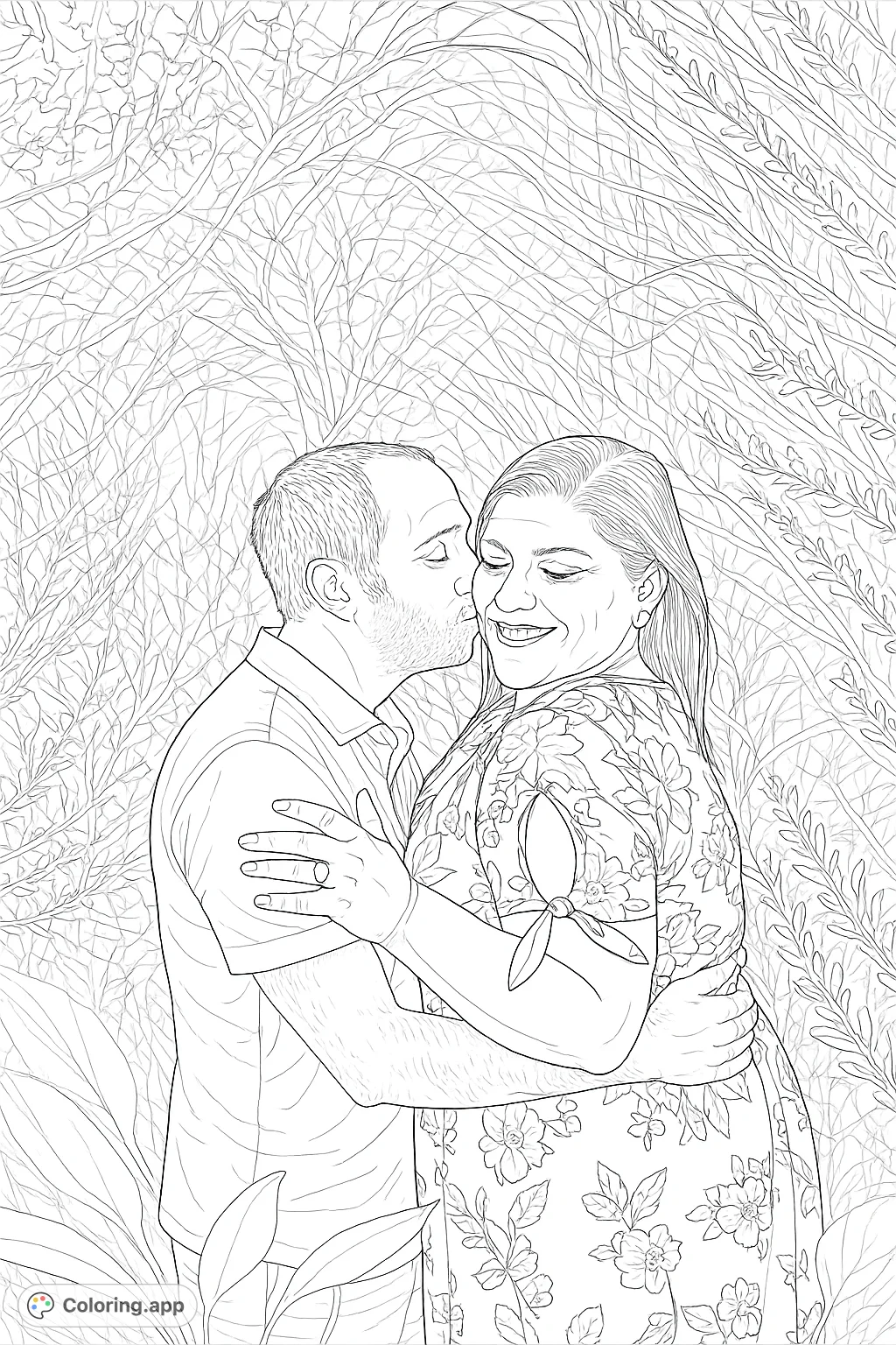 Capture a tender moment with this romantic couple's embrace coloring page. Detailed figures and natural foliage offer a delightful coloring experience for adults.