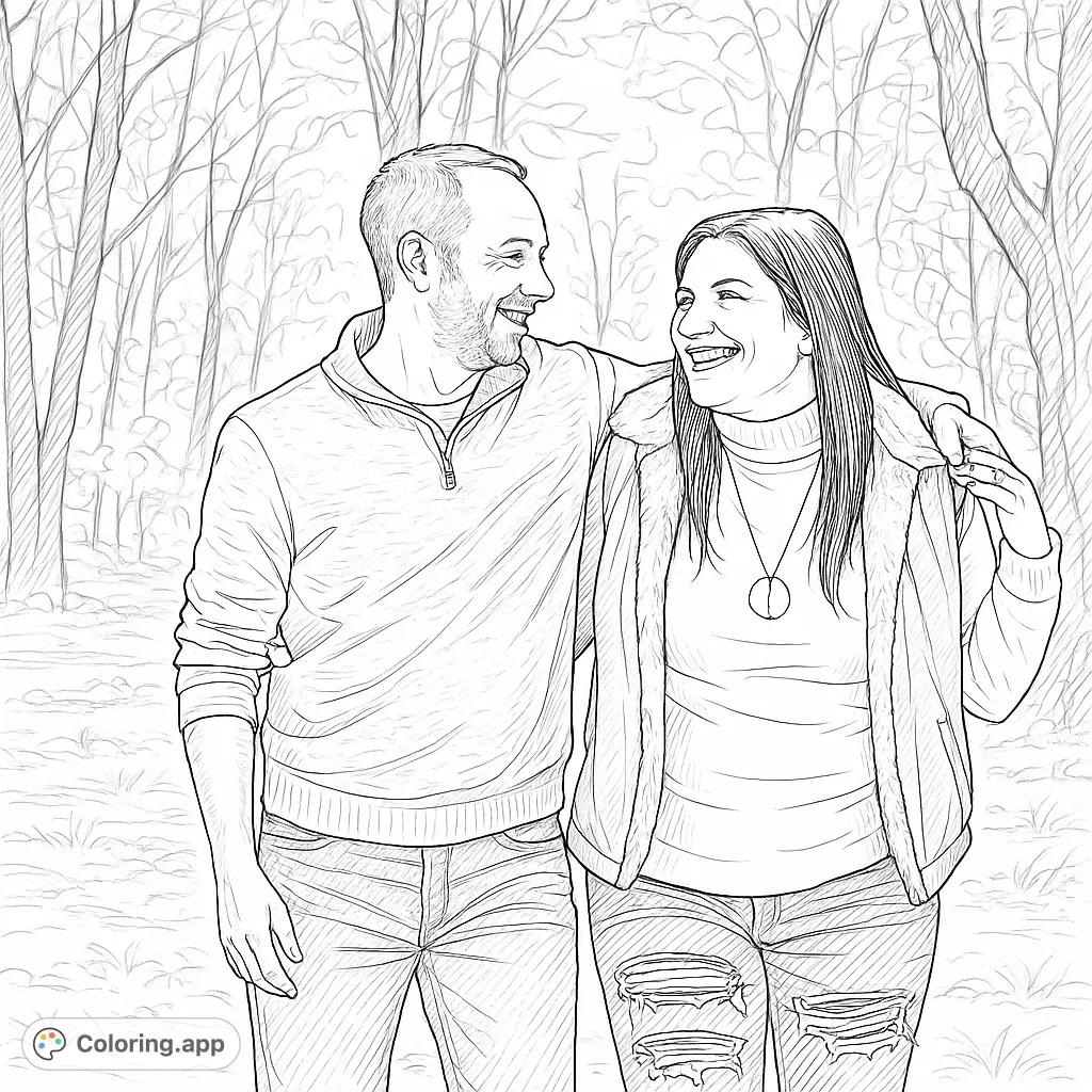 Capture a heartwarming moment of a couple strolling through a detailed forest. This realistic coloring page offers intricate details for a rewarding artistic experience.