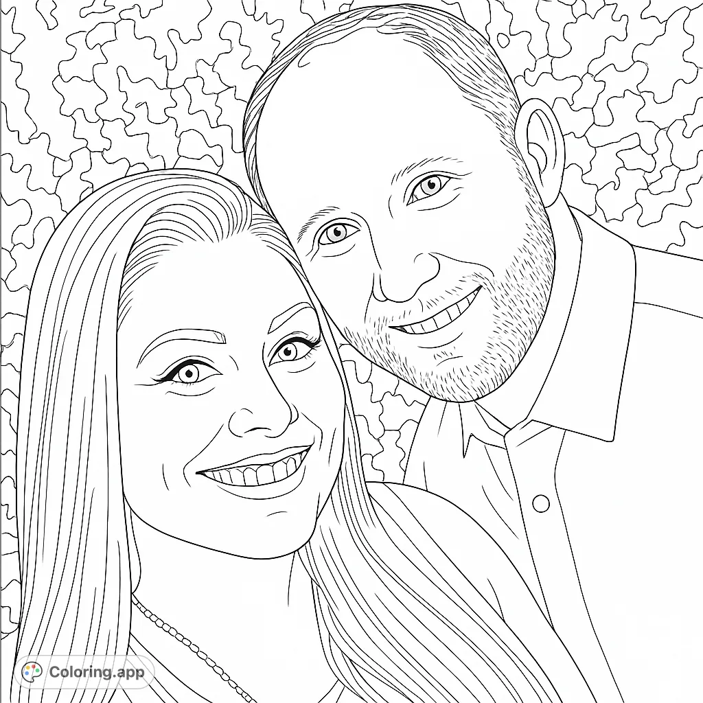 A detailed couple portrait coloring page, perfect for personalizing with your favorite shades. Celebrate connection and creativity.