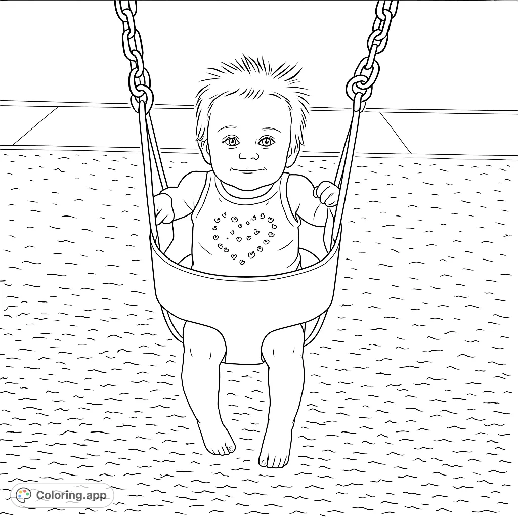 A joyful baby smiles from a playground swing, surrounded by wood chips and grass. A delightful scene for a free printable coloring page.