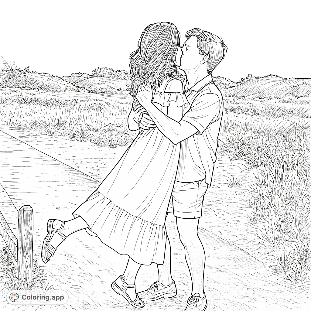 Capture a tender moment with this romantic embrace coloring page. A couple shares a loving hug on a scenic path amidst grassy dunes, perfect for expressing affection.