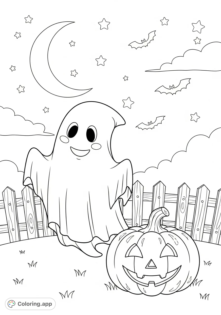 A delightful Halloween scene featuring a friendly ghost, a smiling pumpkin, and playful bats under a starry sky. Perfect for young colorists!