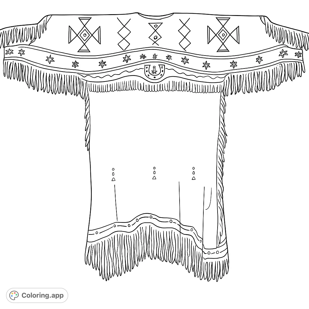 Explore a traditional beaded garment coloring page, featuring intricate patterns, geometric designs, and flowing fringe for a rich cultural experience.