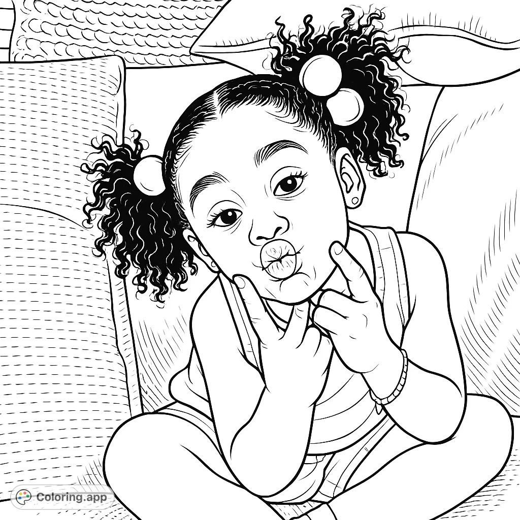 A delightful child with pigtails and a puckered face, sitting on a cozy couch. This playful child coloring page is perfect for creative fun.