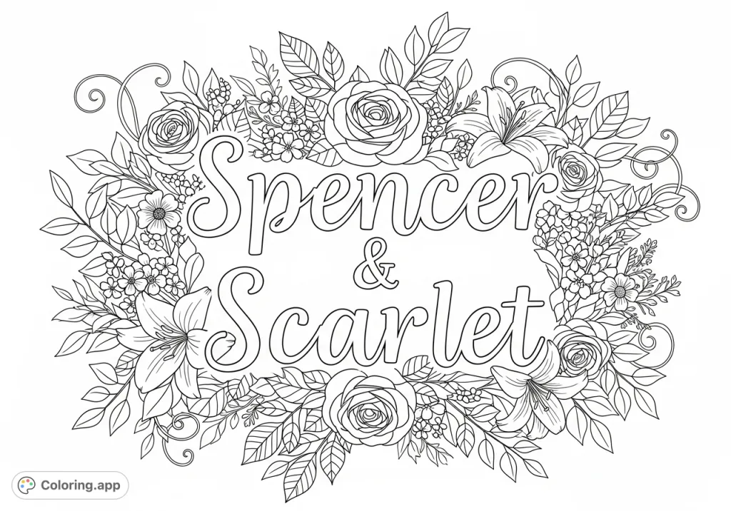 A beautiful floral coloring page featuring the names Spencer and Scarlet intertwined with intricate flowers and lush greenery, perfect for personalization and relaxation.