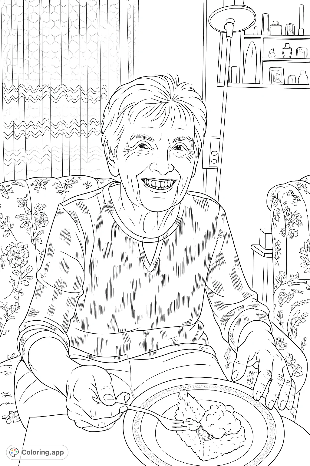 Capture a heartwarming scene of a smiling elderly woman enjoying a meal in her cozy home. Features intricate patterns on her top, armchair, and curtains.