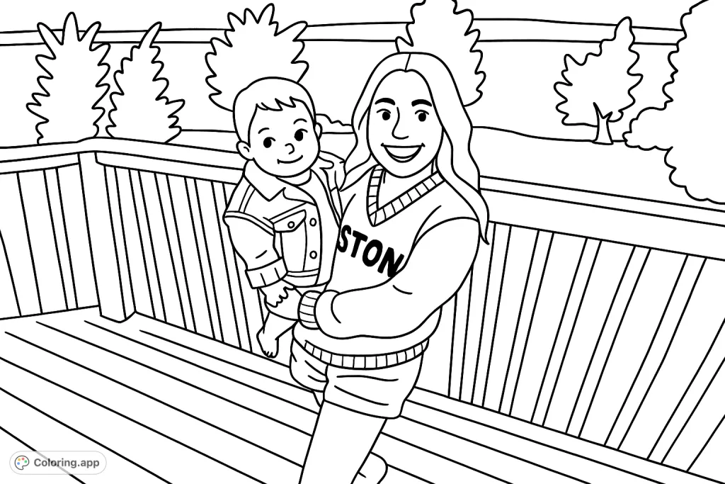 A heartwarming scene of a smiling woman holding a happy baby on a deck overlooking a serene lake. Perfect for family-themed coloring fun.