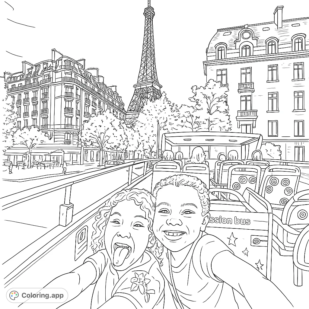 Two joyful children on a double-decker bus tour with the iconic Eiffel Tower in the background, surrounded by classic Parisian architecture and bustling streets.