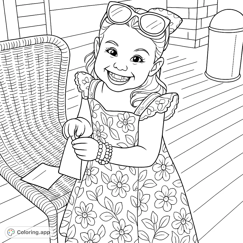 A joyful young girl with a big smile, wearing a floral dress and a bow, standing on a porch next to a wicker chair. Perfect for a cartoony coloring adventure.