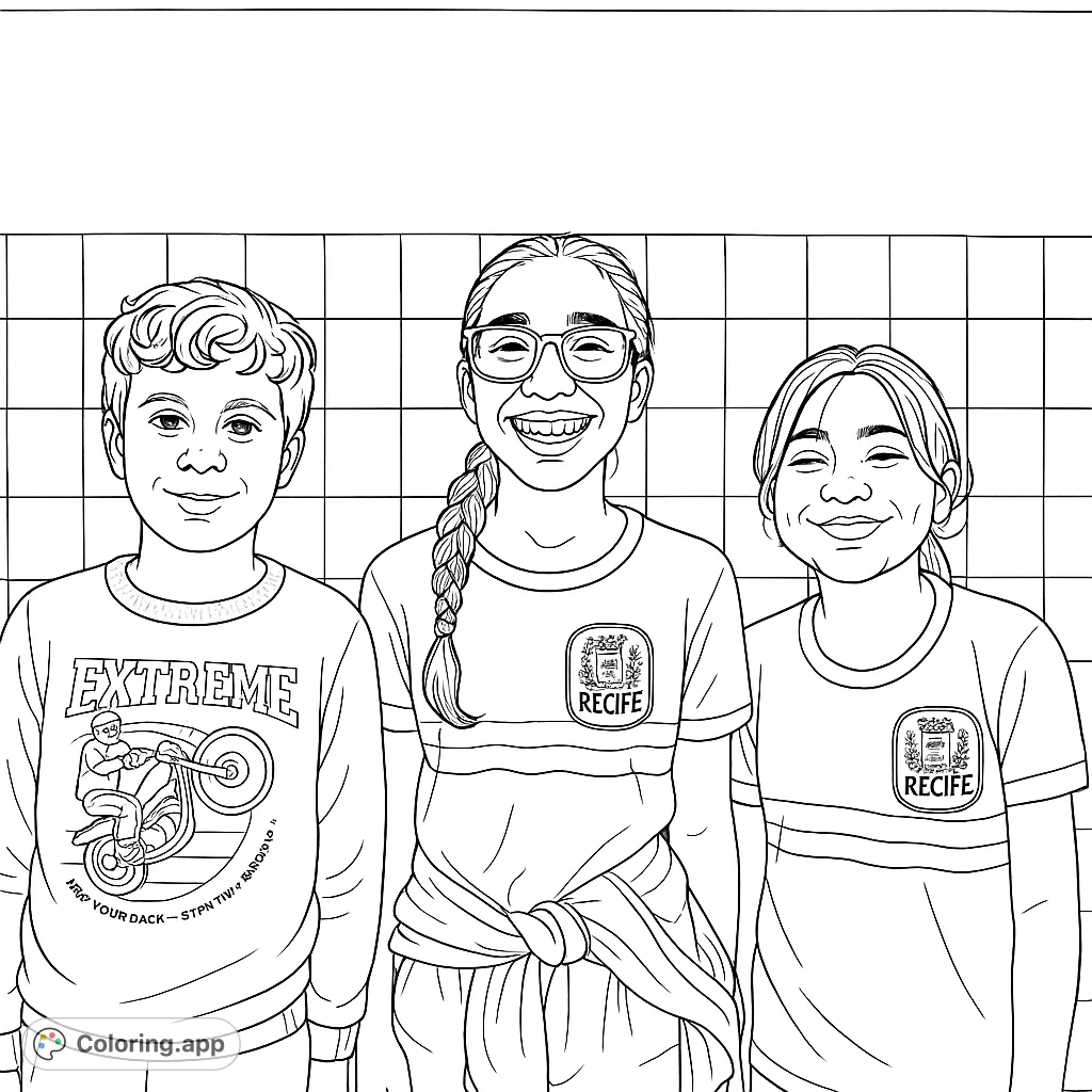 Three cheerful children stand together, ready for a burst of color. Features patterned shirts and a tiled background, perfect for creative expression.