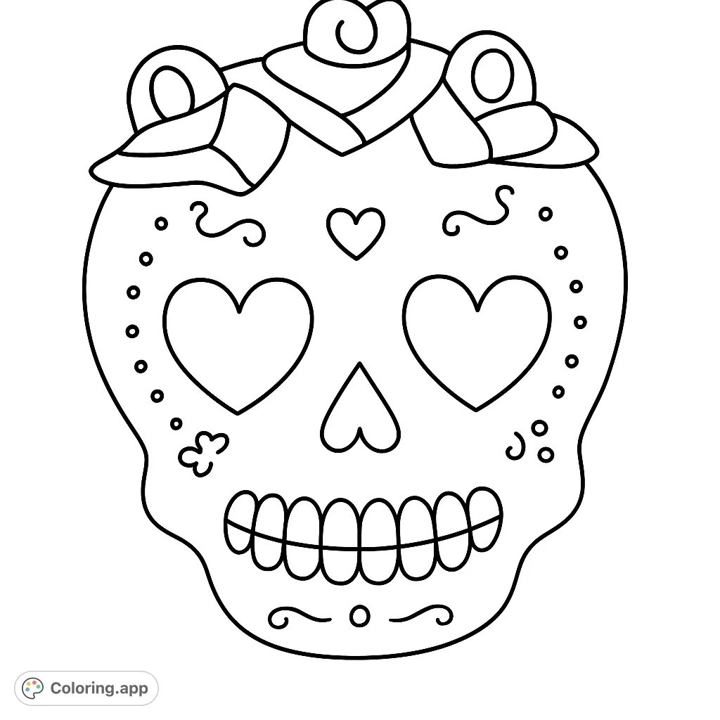 Intricate sugar skull with heart eyes, a segmented smile, and a beautiful floral crown. Perfect for detailed coloring and cultural art.