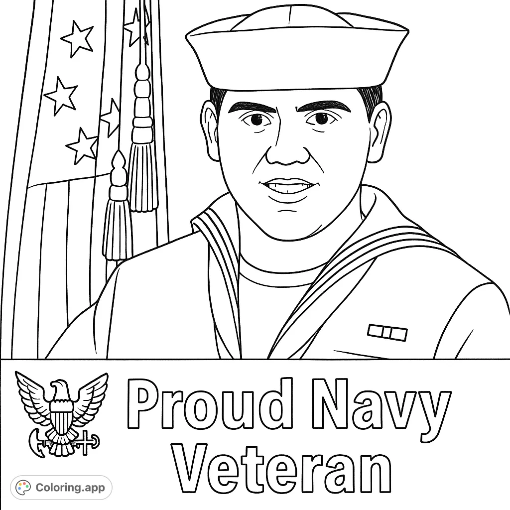 A proud sailor in uniform, standing before a flag, ready for you to bring to life with your creative colors. Honor and service await your artistic touch.