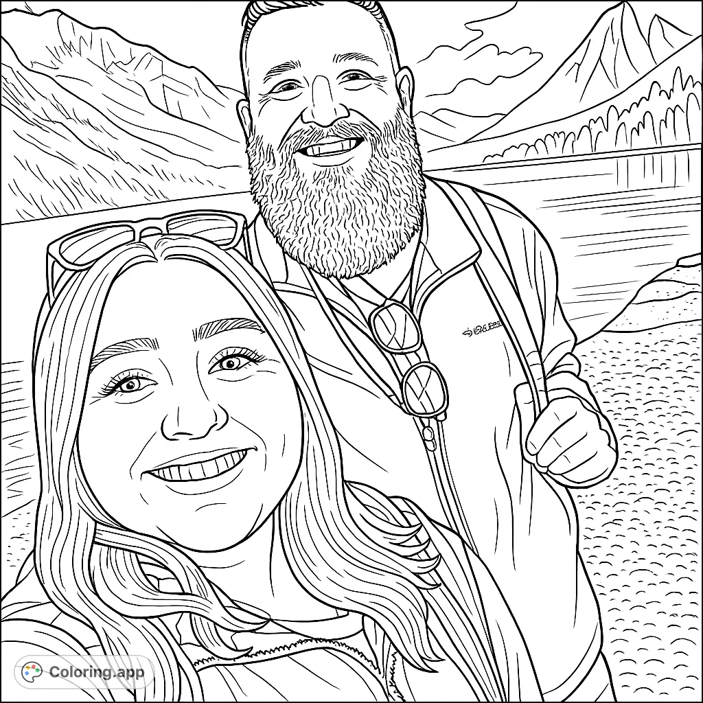 Capture a joyful couple against a stunning mountain lake backdrop. A perfect nature-themed coloring page for relaxation and creativity.