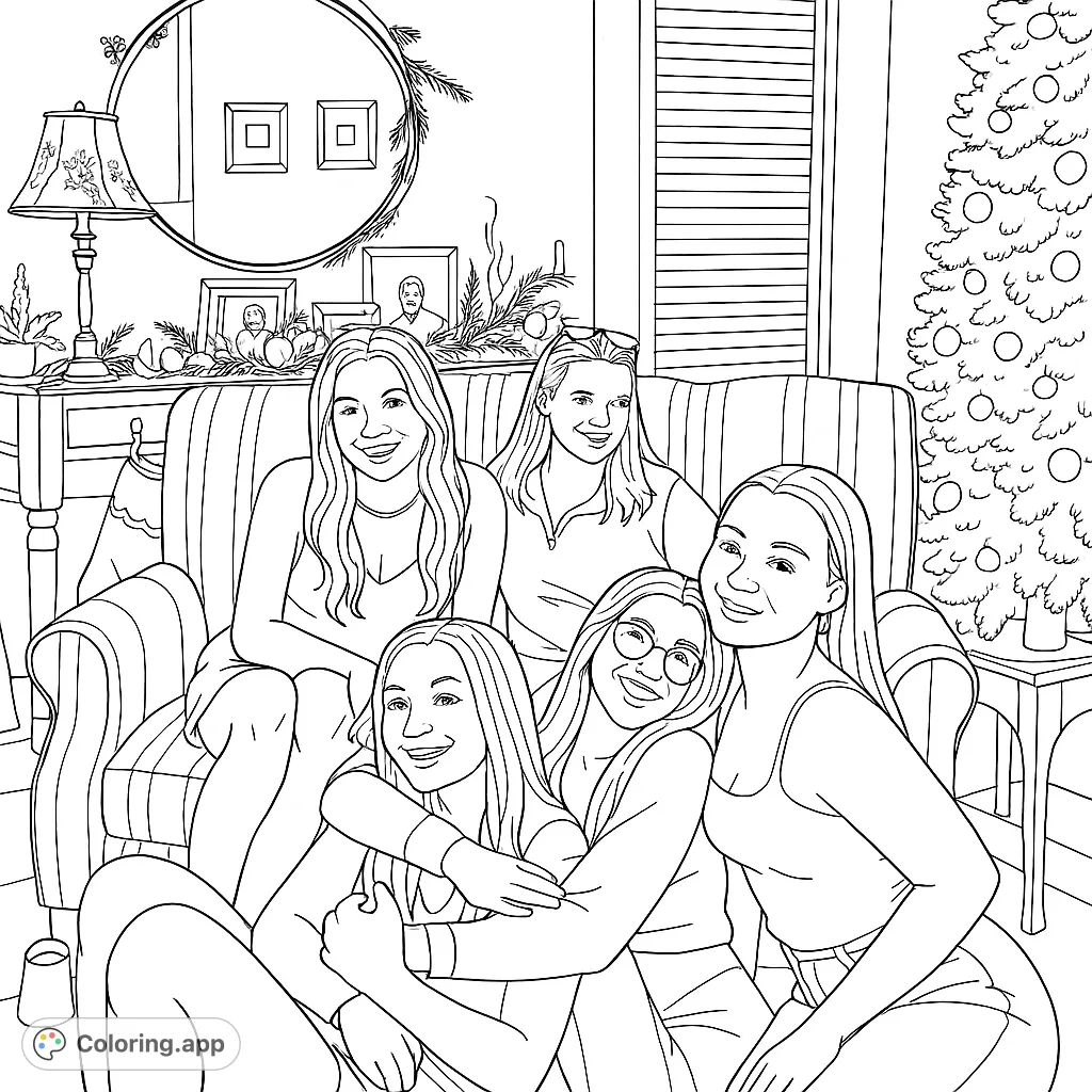 Five friends gather in a festive living room, smiling and embracing. A cozy scene with holiday decorations and a Christmas tree.
