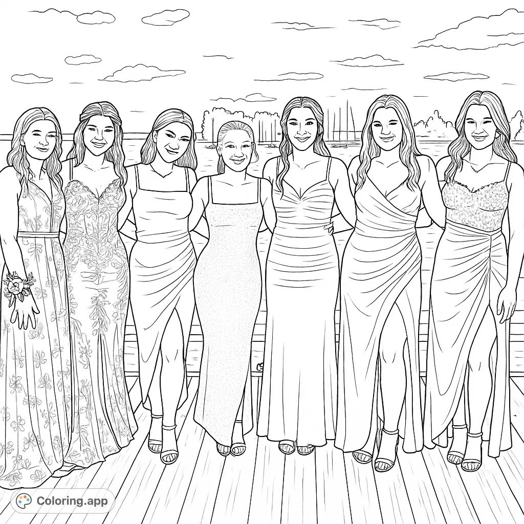 Six friends in elegant formal gowns pose on a dock by the water, celebrating a special occasion. A detailed prom night coloring page.