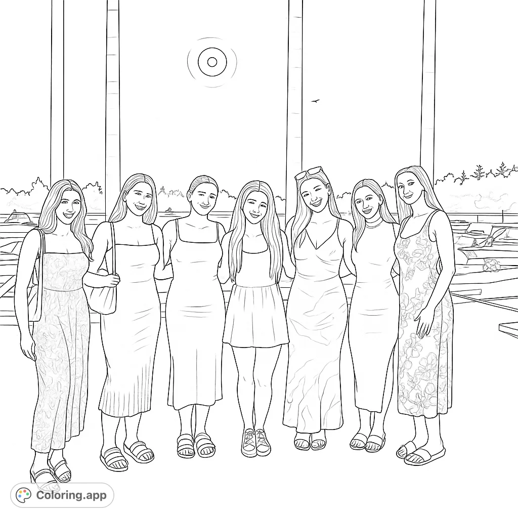 Seven friends pose on a dock with boats and a setting sun. A fun scene for coloring, featuring diverse dresses and a scenic waterfront background.