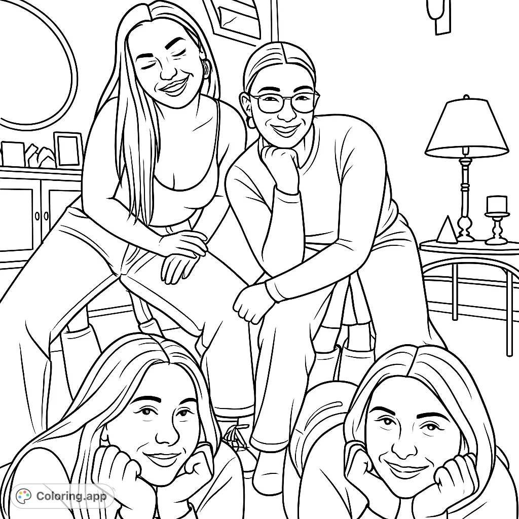 Capture a joyful moment with four friends in a cozy indoor setting. Perfect for celebrating friendship and adding your personal touch to their expressions and outfits.