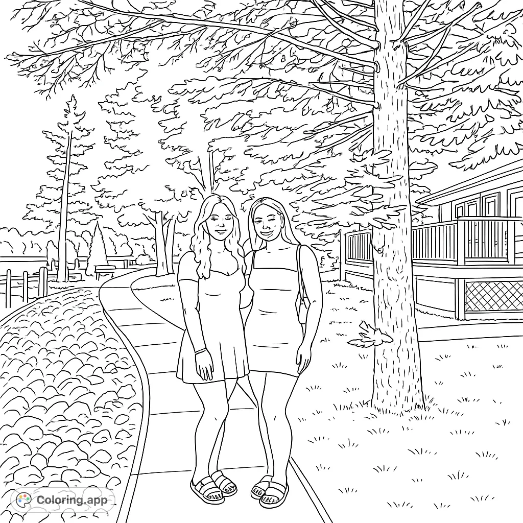 A charming lakeside scene featuring two smiling friends on a paved path, surrounded by nature and a cozy house. Perfect for a relaxing coloring session.