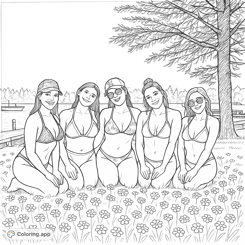 Five friends enjoy a sunny day by the lake, kneeling in a field of small flowers. A detailed scene perfect for adult colorists.