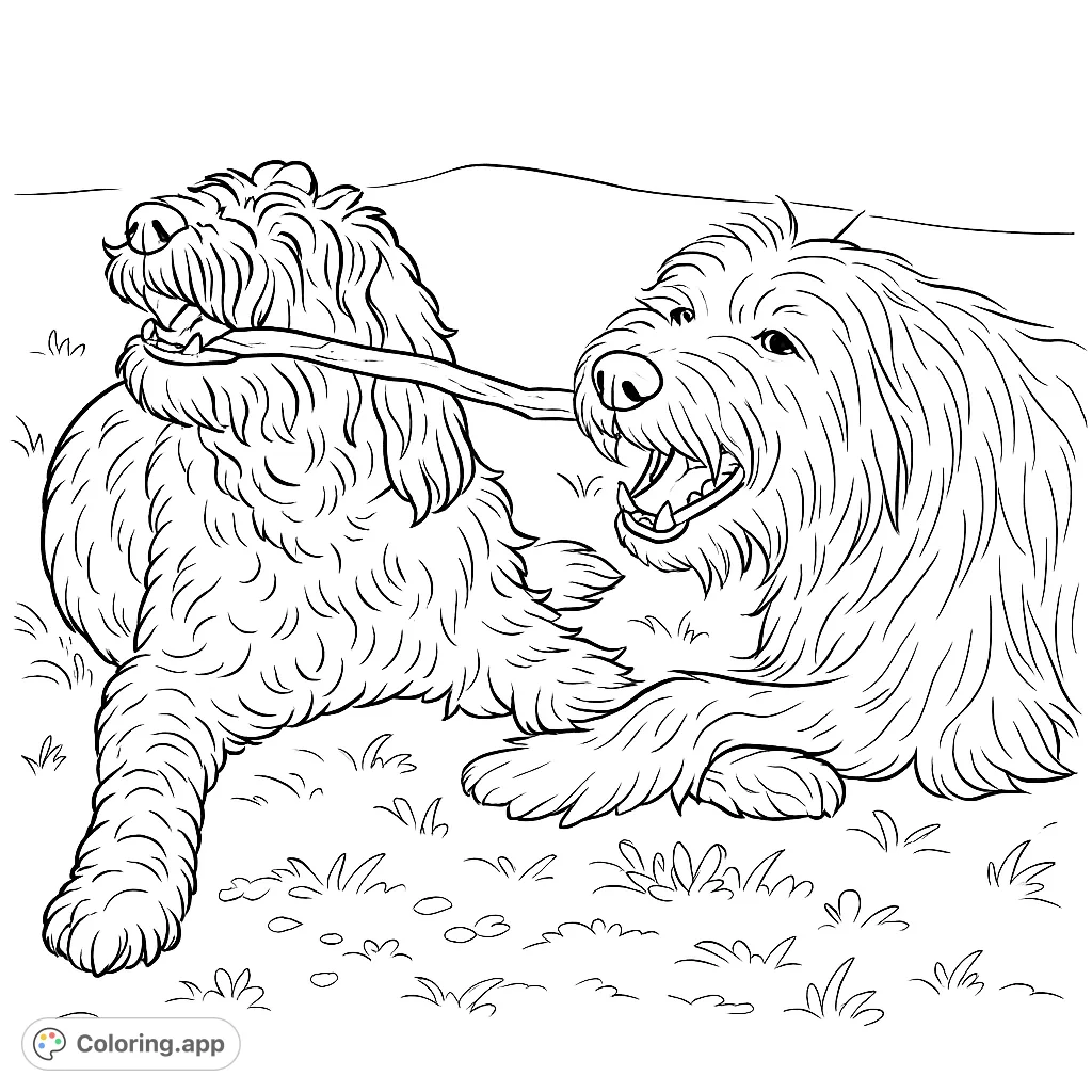 Two shaggy dogs playfully tugging a stick, captured in a dynamic moment on a grassy and gravel surface. A fun dog coloring page for all ages.
