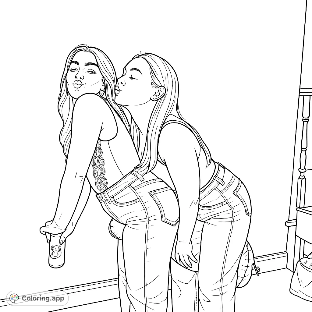 Capture a fun, playful moment between two friends in a dynamic pose. Features detailed clothing, expressive faces, and a lively atmosphere for adult colorists.