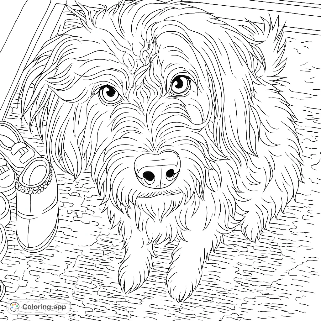 A charming shaggy dog with expressive eyes sits patiently on a patterned rug, surrounded by shoes. A delightful pet portrait.