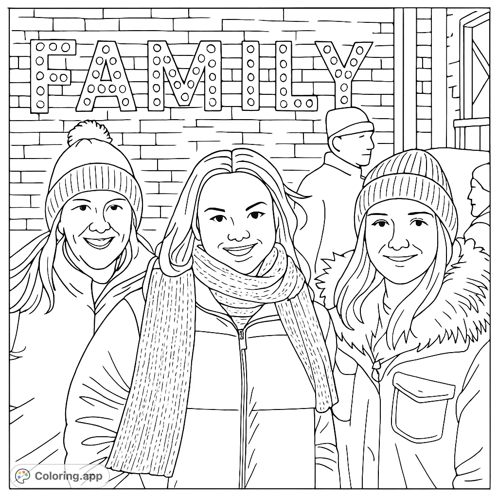 A heartwarming family portrait featuring three smiling women in winter attire, set against a brick wall with a prominent 'FAMILY' sign. Perfect for personalizing.