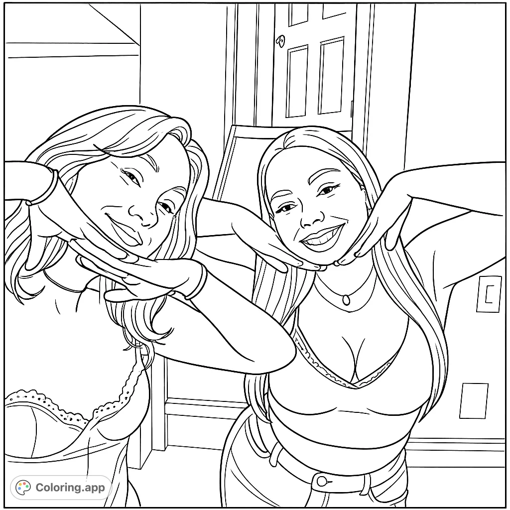 Two smiling young women pose playfully, hands framing their faces, offering a fun and engaging coloring experience for teens and young adults.