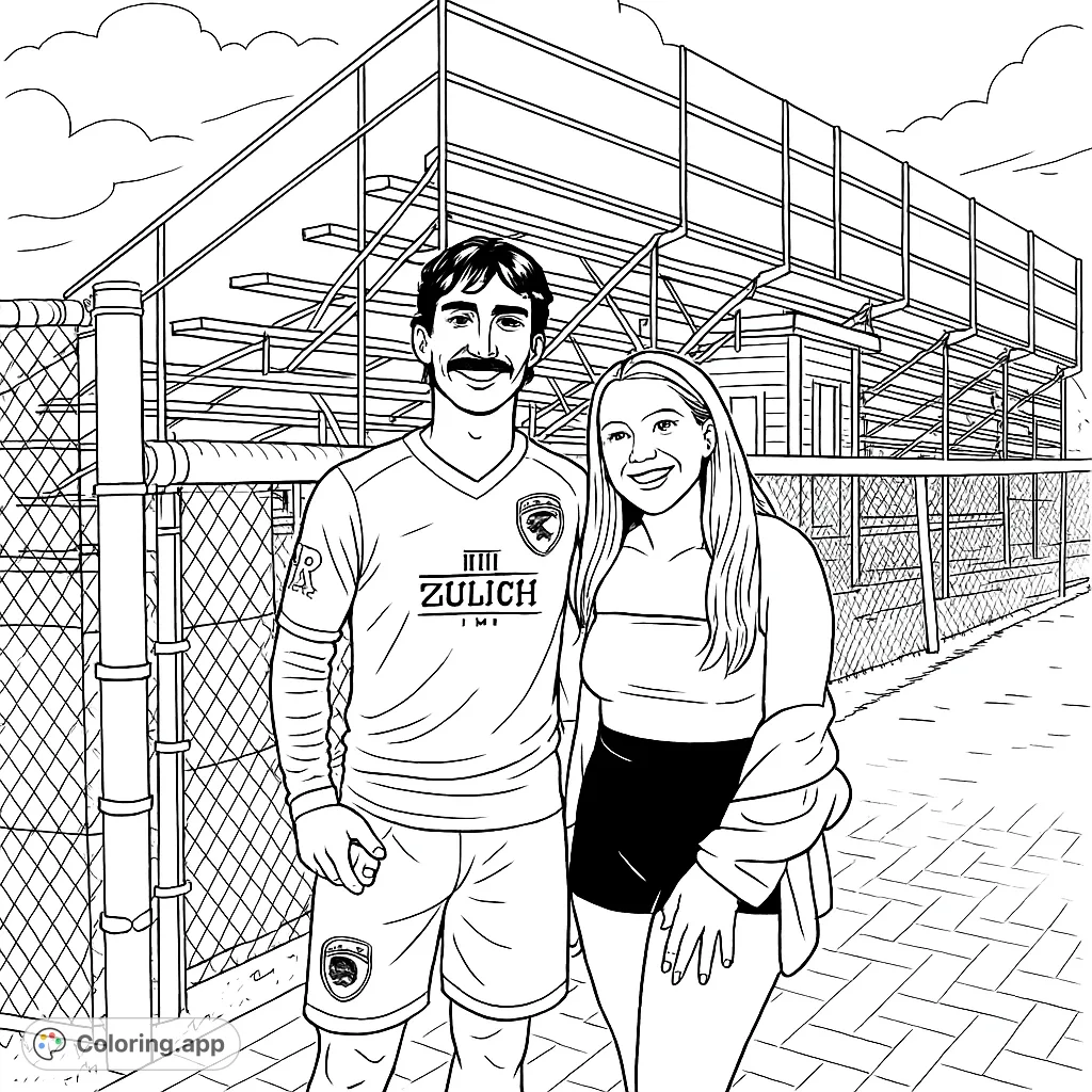 Capture the joy of friendship at a sports field. This coloring page features two smiling individuals against a backdrop of stadium bleachers and a fence, perfect for personalizing.