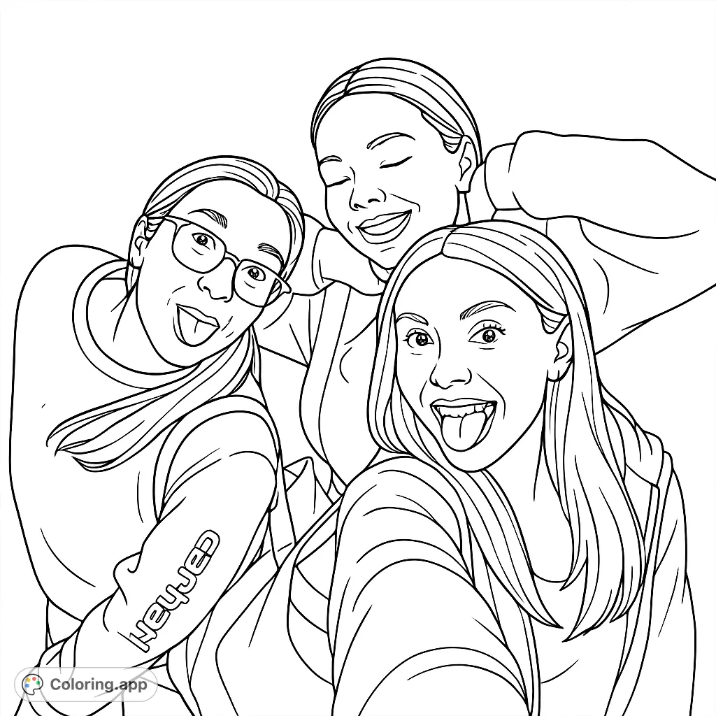 Capture the joy of friendship with this fun coloring page featuring three women in a playful group pose. Perfect for expressing creativity.