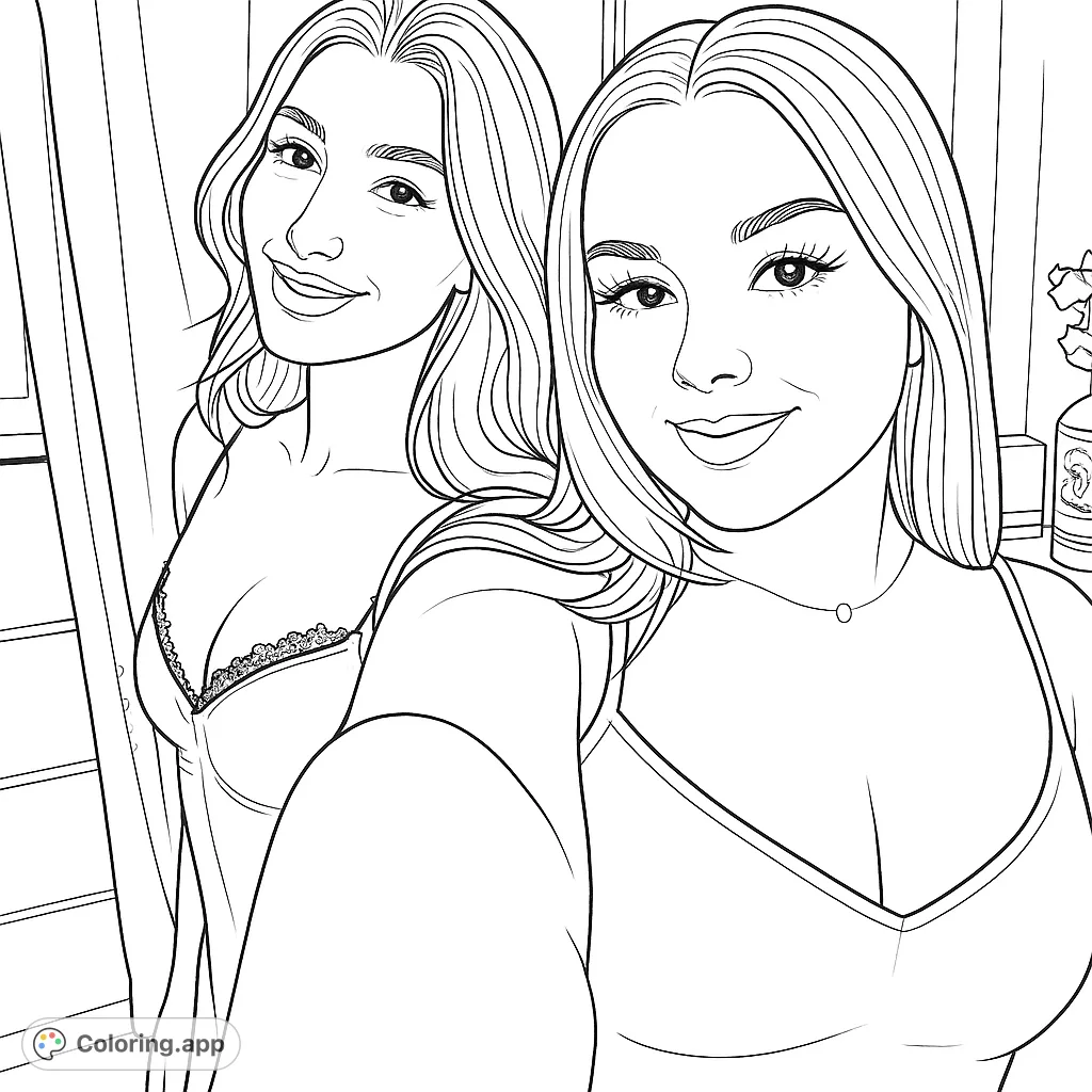 Capture a moment of friendship with this detailed coloring page featuring two women in a self-portrait style. Perfect for adult colorists.