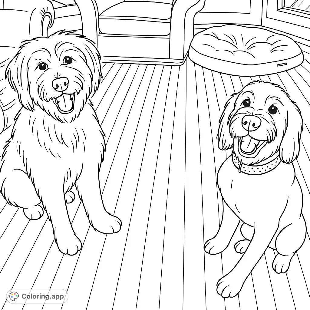 Two joyful dogs, one shaggy and one curly, sit happily on a wooden floor, ready for a fun coloring adventure. Perfect for dog lovers!