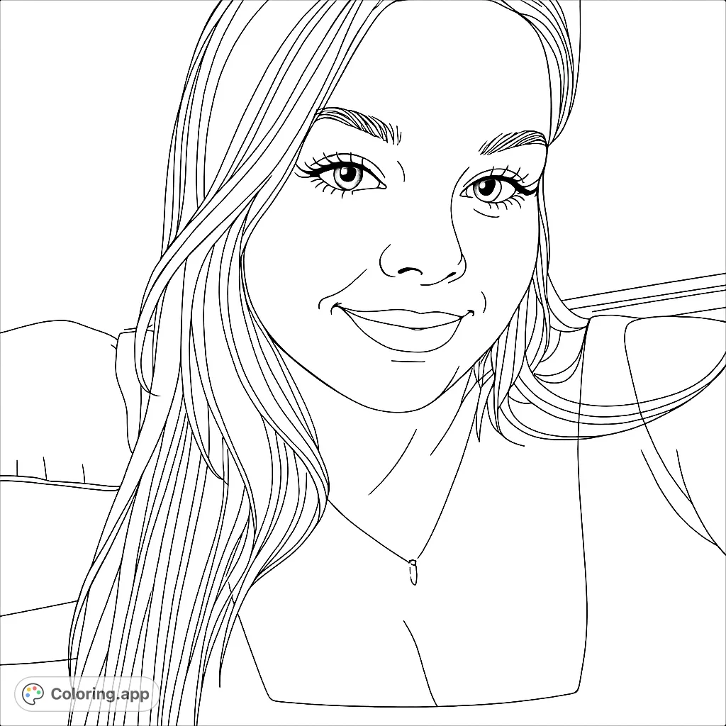 A beautiful portrait of a young woman with a gentle smile and flowing hair. Perfect for a relaxing coloring experience, capturing serene beauty.