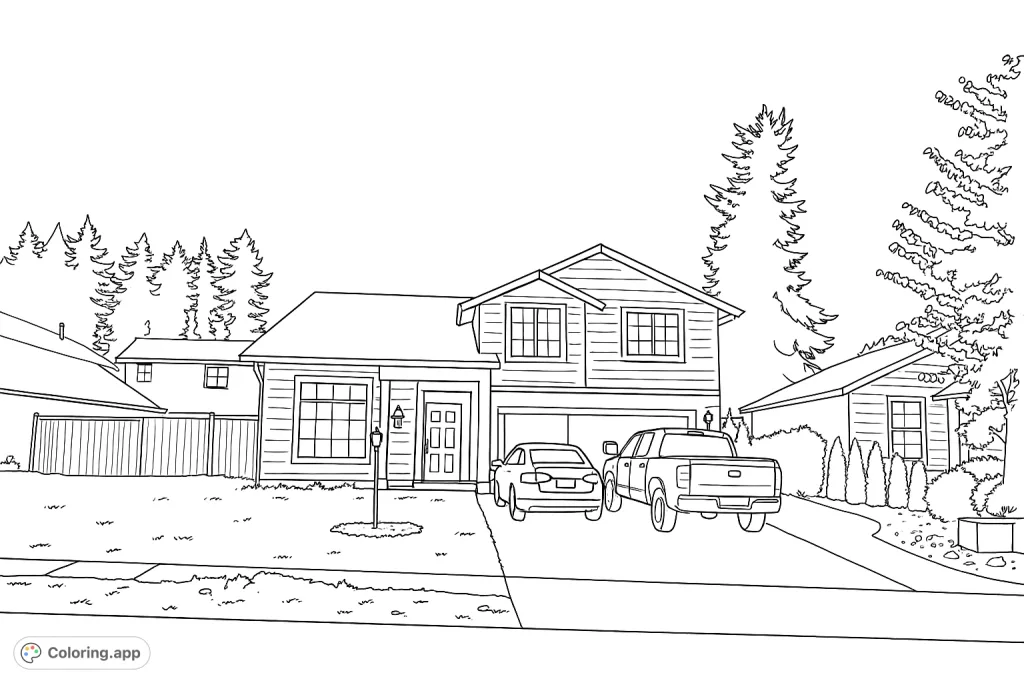 A detailed suburban house coloring page featuring a two-story home, two cars, and a landscaped yard, perfect for all ages.