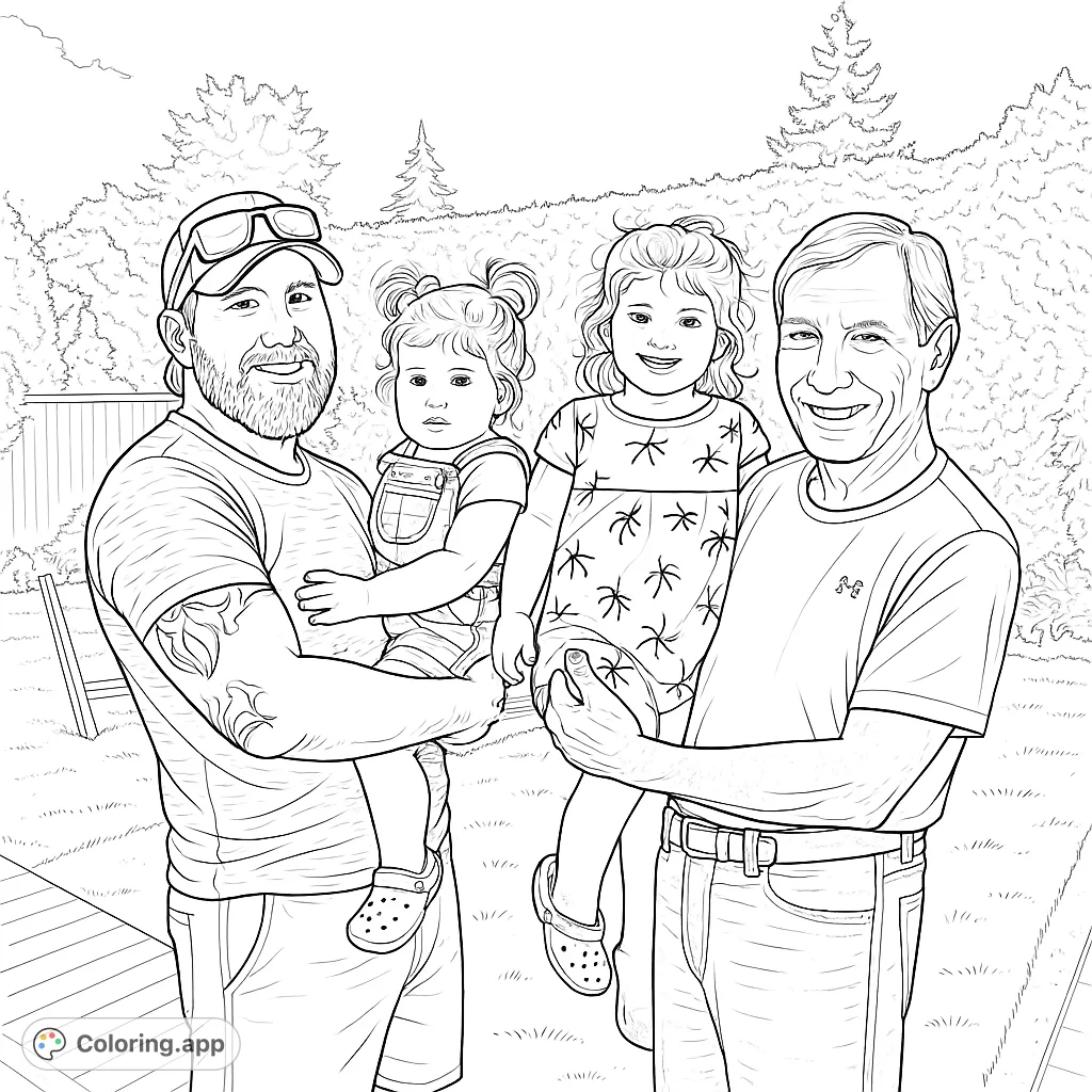 Capture a heartwarming family moment with two men holding two smiling girls in a vibrant outdoor setting. A perfect family coloring page for all ages.