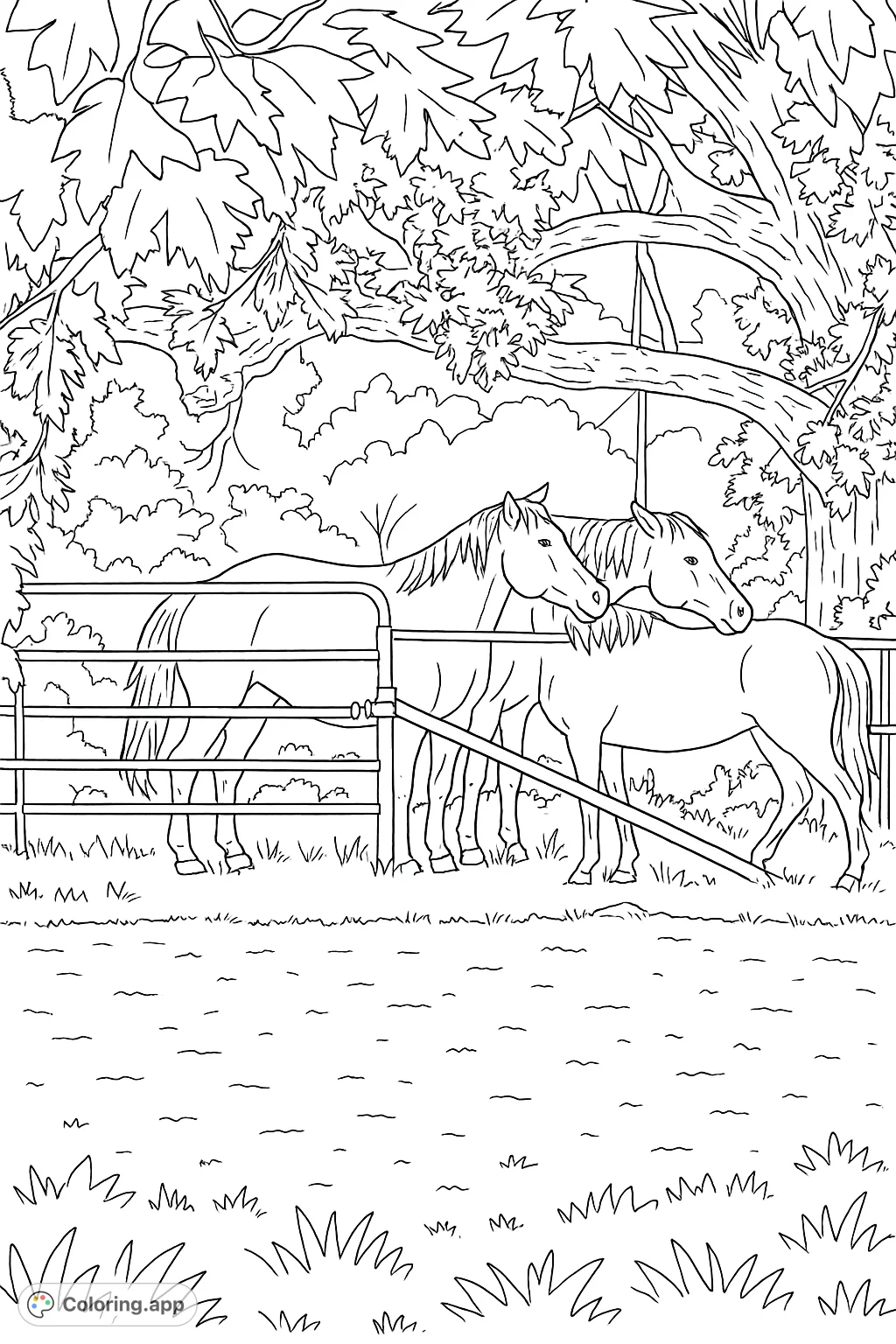 Discover a serene horse coloring page featuring two horses sharing a tender moment by a fence, surrounded by lush nature. Perfect for animal lovers!