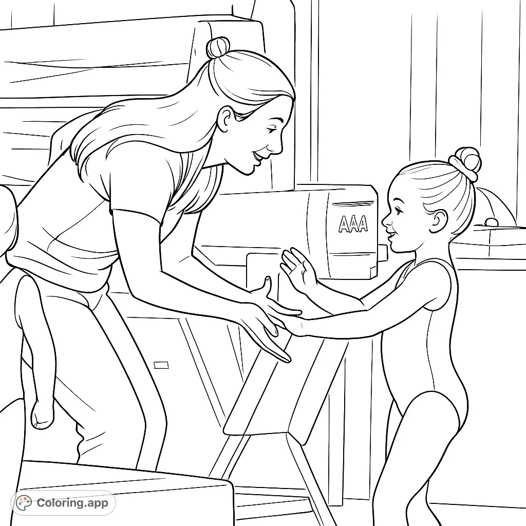 A heartwarming gymnastics scene featuring a young gymnast and her coach sharing a high-five. Perfect for aspiring athletes and fans of the sport.