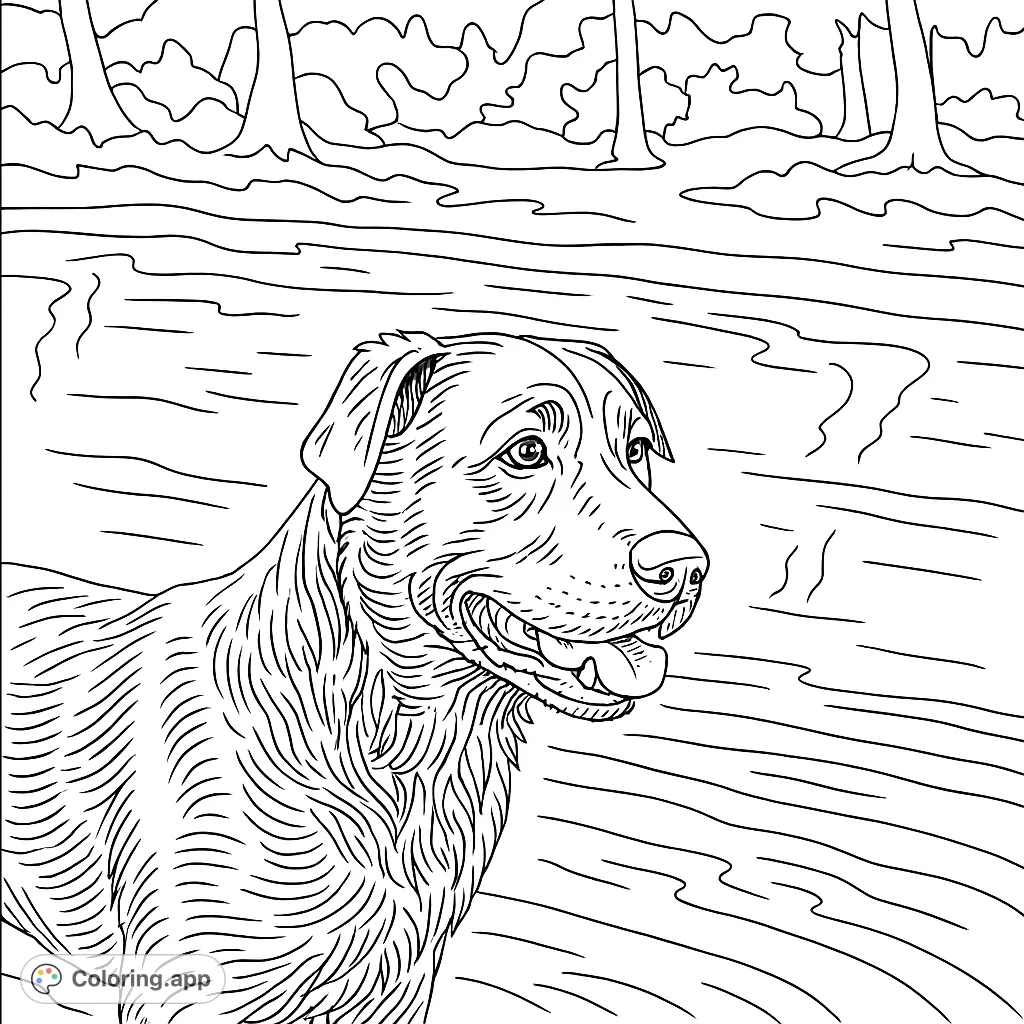 A charming wet dog stands in a tranquil river, its fur textured from the water. A delightful dog coloring page for animal lovers of all ages.